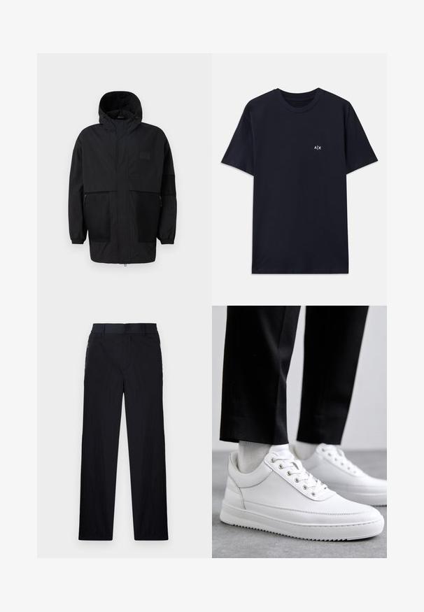 Casaco preto com capuz, feito de um tecido leve, apresentando painéis de malha, um fecho éclair frontal e punhos elásticos para um ajuste ajustável.; T-shirt de algodão azul-marinho com mangas curtas e gola redonda. Apresenta um pequeno logótipo branco "A|X" na parte esquerda do peito.; Calças pretas com um tecido leve e texturizado, design de pernas retas, cintura elástica e bolsos laterais com fecho.; Sneakers brancos de couro com uma sola de borracha plana, apresentando um acabamento suave, bico redondo e ilhós de metal para os atacadores. Usados com calças pretas.