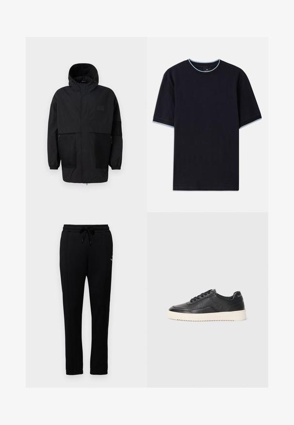 Crna kapuljača od laganog materijala, s mrežastim panelima, prednjim zatvaračem i elastičnim manžetama za prilagodljivu veličinu.; Tamno plava kratka majica s kapućinom, s okruglim izrezom, s svijetloplavim detaljima na ovratniku i rukavima. Izrađena od mekog pamučnog materijala.; PS Paul Smith HAPPY - Donji dijelovi trenirke - blacks; Crne kožne tenisice s teksturiranim završetkom, okruglim vrhom i ravnim bijelim gumenom potplatom. Karakteriziraju ih crne vezice i branding na peti.