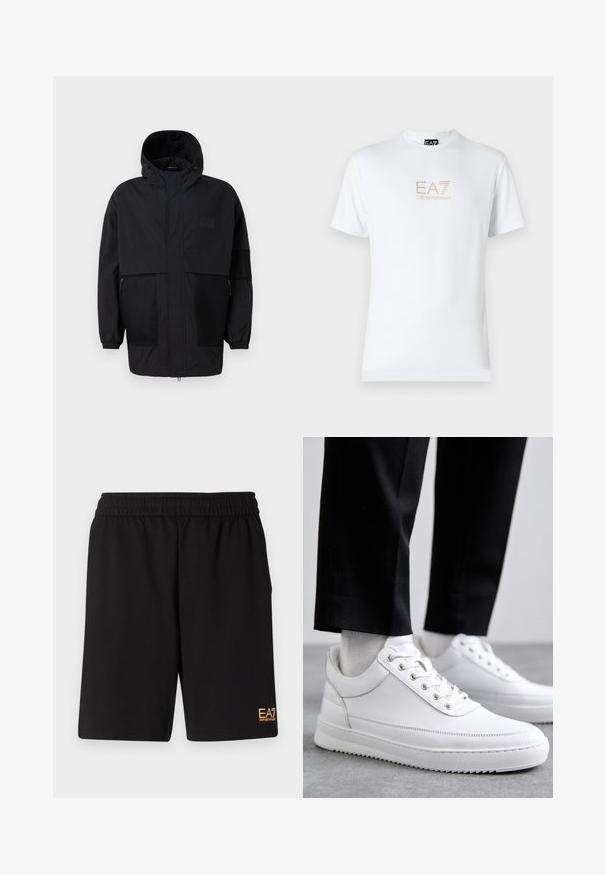 Fekete kapucnis dzseki, könnyű anyagból készült, hálós panelek, elülső cipzár és állítható illeszkedést biztosító rugalmas mandzsetták jellemzik.; Fehér pamut póló, kerek nyakkivágással és rövid ujjakkal, az elején arany EA7 Emporio Armani logóval nyomtatva.; Fekete sportnadrág puha anyagból, rugalmas derékkal és egy kis sárga EA7 logóval a bal alsó lábszáron.; Fehér bőr sportcipők lapos gumitalppal, sima felülettel, kerek orral és fém fűzőlyukakkal. Fekete nadrággal viselve.