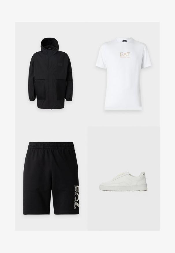 Juodas gobtuvu džemperis, pagamintas iš lengvo audinio, turi tinklinės juosteles, priekinį užtrauktuką ir elastingus rankogalius, leidžiančius pritaikyti dydį.; Balta medvilninė marškinėlių su apvaliu kaklu ir trumpomis rankovėmis, priekyje spausdintas auksinis EA7 Emporio Armani logotipas.; EA7 Emporio Armani TRAIN VISIBILITY  - Šortai - black/cream; Balti odiniai sportiniai bateliai su lygia apdaila, apvaliu pirštu, plokščiais raišteliais ir tekstūruotu padu. Pasižymi subtiliu logotipu ant kulno.