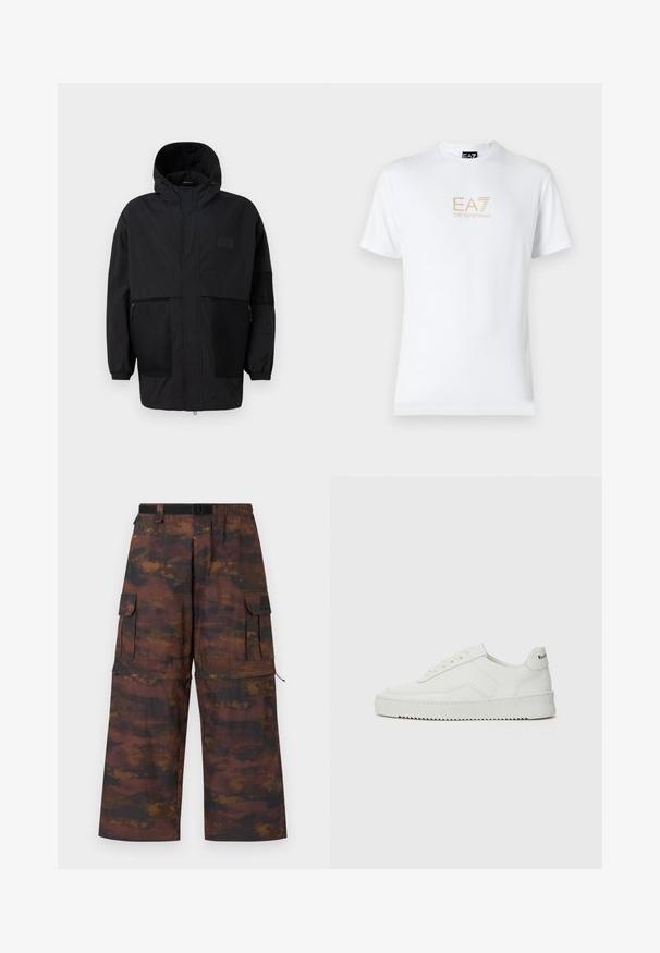 Black hooded jacket made from lightweight fabric, featuring mesh panels, a front zipper, and elastic cuffs for adjustable fit.; White cotton t-shirt featuring a round neckline and short sleeves, with a gold EA7 Emporio Armani logo printed on the front.; Cargo pants in a brown, textured fabric with a faded, abstract pattern. Features wide legs, elastic waistband, and multiple pockets.; White leather sneaker with a smooth finish, round toe, flat laces, and a textured sole. Features a subtle logo on the heel.
