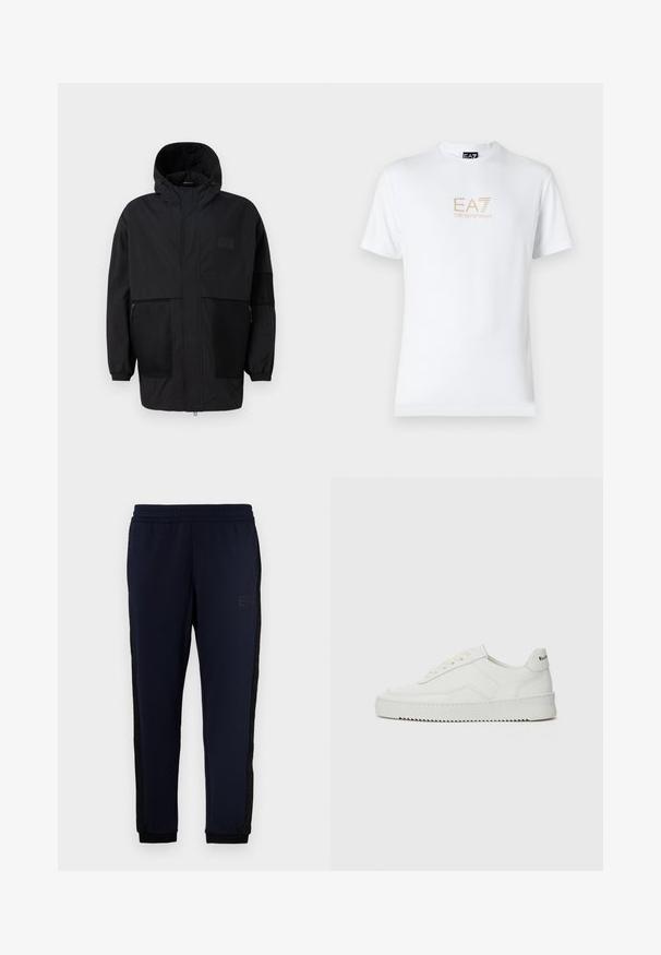 Μαύρο φούτερ τζάκετ από ελαφρύ ύφασμα, με πλέγμα, μπροστινό φερμουάρ και ελαστικούς καρπούς για ρυθμιζόμενη εφαρμογή.; Λευκό βαμβακερό t-shirt με στρογγυλή λαιμόκοψη και κοντά μανίκια, με χρυσό λογότυπο EA7 Emporio Armani τυπωμένο μπροστά.; Ναυτικές παντελόνες jogging με ελαστική μέση, στενές μανσέτες και μαύρες λωρίδες στο πλάι που διαθέτουν μια διακριτική λεπτομέρεια λογότυπου. Μαλακό, ελαφρύ ύφασμα.; Λευκό δερμάτινο sneakers με λείο φινίρισμα, στρογγυλή μύτη, επίπεδα κορδόνια και υφή στην σόλα. Φέρει μια διακριτική λογότυπο στη φτέρνα.