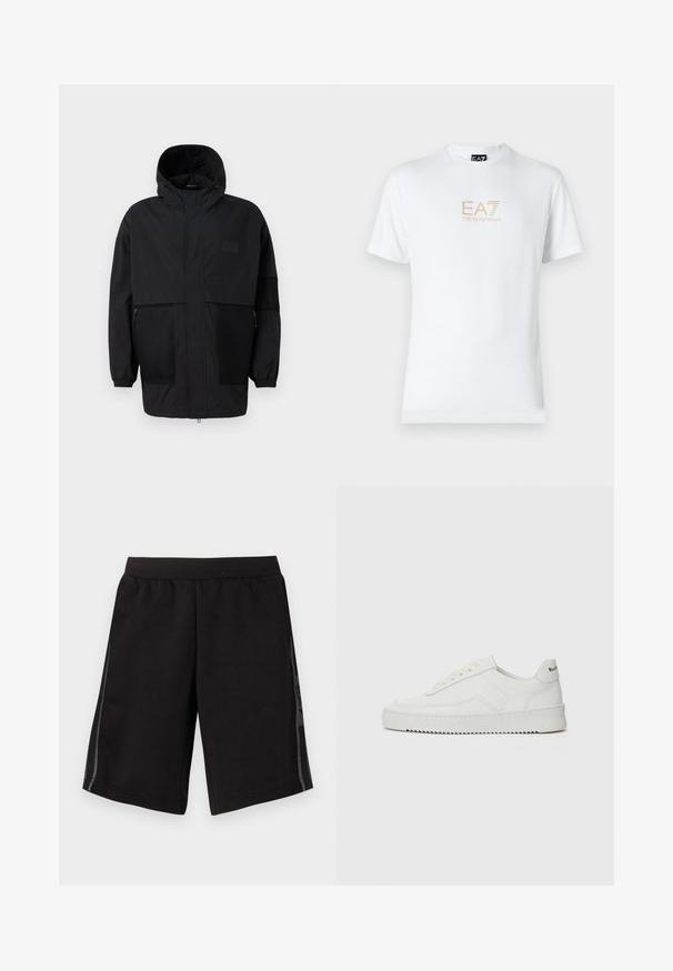 Musta huppari, joka on valmistettu kevyestä kankaasta, sisältäen verkkopaneeleja, etuvetoketjun ja joustavat hihansuut säädettävää istuvuutta varten.; Valkoinen puuvillapaita, jossa on pyöreä kaula-aukko ja lyhyet hihansuut. Paidassa on etupuolella kultainen EA7 Emporio Armani -logo.; Mustat urheilusortsit, joissa on joustava vyötärö, sivuilla verkkopaneelit ja logo vasemmassa jalassa. Sujuva kankaan rakenne.; Valkoinen nahkakenkä, jossa on sileä pinta, pyöreä kärki, tasaiset nauhat ja teksturoitu pohja. Sisältää huomaamattoman logon kantapäässä.
