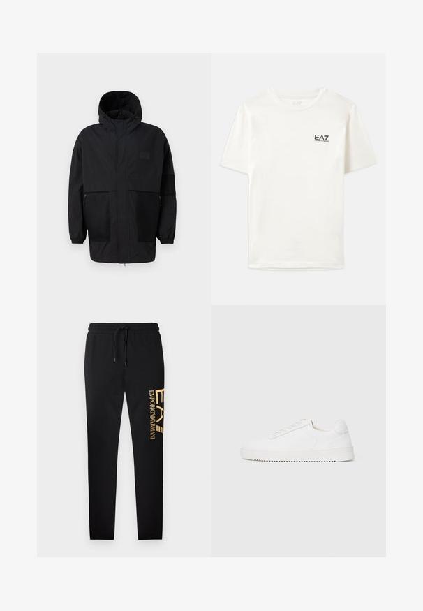 Melnā kapučjaka, kas izgatavota no viegla auduma, ar acs paneļiem, priekšējo rāvējslēdzēju un elastīgām aprocēm, kas nodrošina regulējamu piegulšanu.; Balts kokvilnas T-krekls ar īsām piedurknēm, apaļu kakla izgriezumu un mazu melnu EA7 logotipu kreisajā krūtī. Gluda tekstūra, standarta piegriezums.; Melnas sporta bikses ar ērtu piegulumu, uz kreisās puses ar zelta krāsas uzdruku "EA" un "EMPORIO ARMANI", elastīgu jostasvietu.; Baltas sporta apavi ar gludu ādas virsu, noapaļotu purngalu, auklām, teksturētām sānu akcentiem un biezu gumijas zoli. Minimālists dizains.