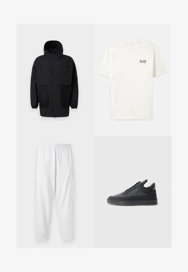 Juodas gobtuvu džemperis, pagamintas iš lengvo audinio, turi tinklinės juosteles, priekinį užtrauktuką ir elastingus rankogalius, leidžiančius pritaikyti dydį.; Balta medvilninė marškinėlė su trumpomis rankovėmis, apvaliu kaklu ir mažu juodu EA7 logotipu kairėje krūtinės pusėje. Lygi tekstūra, standartinio kirpimo.; Balti siaurėjantys sportiniai keliai su elastingu juosmeniu ir aptrauktomis kulkšnimis. Kairiajame šlaunyje yra tekstūruotas logotipo detalė. Minkšta medžiaga.; Juodos odinės sportbačiai su tekstūruotu paviršiumi, su raišteliais, žemu kraštu ir pilku guminio pado kraštu su grioveliais.