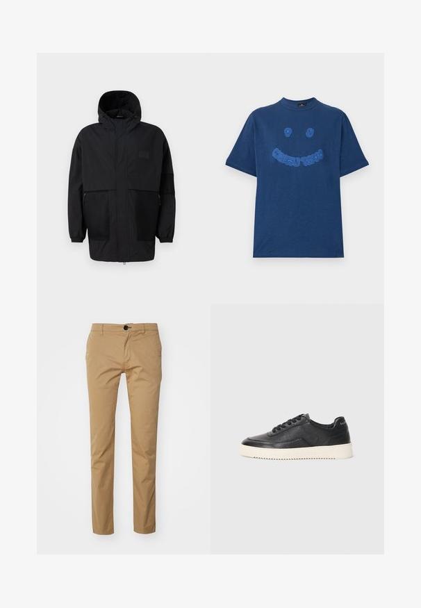 Giacca nera con cappuccio realizzata in tessuto leggero, con pannelli in rete, zip frontale e polsini elasticizzati per una vestibilità regolabile.; T-shirt in cotone blu navy con scollo rotondo. Presenta un design con testo grafico ricamato blu e una faccina sorridente sul davanti. Maniche corte.; Pantaloni in cotone beige con vestibilità slim, dotati di chiusura a un bottone, tasche frontali e una texture liscia. Design con fronte piatto.; Sneaker in pelle nera con finitura texturizzata, punta rotonda e suola piatta in gomma bianca. Presenta lacci neri e un logo sul tallone.