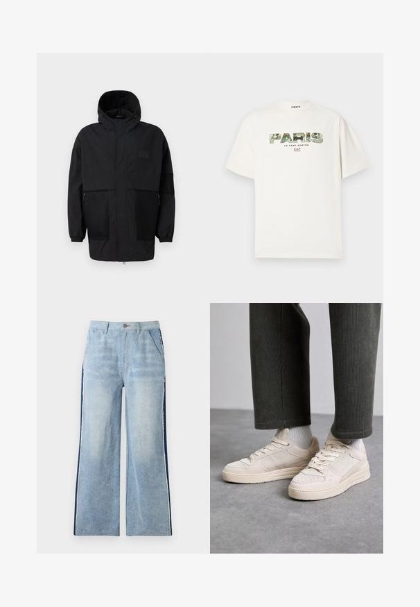 Melnā kapučjaka, kas izgatavota no viegla auduma, ar acs paneļiem, priekšējo rāvējslēdzēju un elastīgām aprocēm, kas nodrošina regulējamu piegulšanu.; Balti kokvilnas T-krekls ar lielu grafisku apdruku "PARIS" kamuflāžas dizainā. Īsās piedurknes un apaļš dekoltē. Ikdienišķs, brīvs pieskaņojums.; Gaiši zilas džinsa bikses ar platajām kājām, tumši zila sānu paneļa, neapstrādāts apakšmalas, priekšējās kabatas un pogu aizdare jostasvietā.; Bežīgas sporta apavi, izgatavoti no zamšādas un acu tīkla, ar perforētiem akcentiem, plakaniem šņorēm un biezu zoli. Valkāti ar zaļām korduroja biksēm.