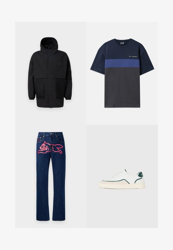 Juodas gobtuvu džemperis, pagamintas iš lengvo audinio, turi tinklinės juosteles, priekinį užtrauktuką ir elastingus rankogalius, leidžiančius pritaikyti dydį.; Tamsiai mėlynos spalvos medvilninė marškinė su horizontalia mėlyna juostele ir anglies spalvos apatine dalimi. Ant viršutinio kairiojo kampo yra mažas logotipas.; Džinsai su tiesiu kirpimu. Tamsiai mėlynos spalvos, su dideliu rožiniu katės dizainu ant užpakalinio kišenės. Klasikinis metalinis mygtukas ir varžtai.; Balti žemi baltos sportbačiai su žaliais apvadais, smėlio spalvos zomšos detalėmis ir kreminės spalvos padas su struktūriniais raštais.