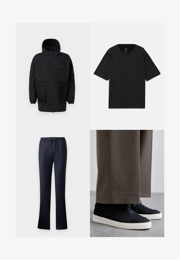 Black hooded jacket made from lightweight fabric, featuring mesh panels, a front zipper, and elastic cuffs for adjustable fit.; Black T-shirt featuring a textured pattern of alternating 'A' logos, short sleeves, and a crew neckline. Made from lightweight fabric.; Navy wide-leg pants made of soft fabric with an elastic waistband and drawstring. Features a smooth texture and no visible patterns.; Black suede sneakers with white rubber soles, featuring a rounded toe and laces, worn with gray tailored pants.