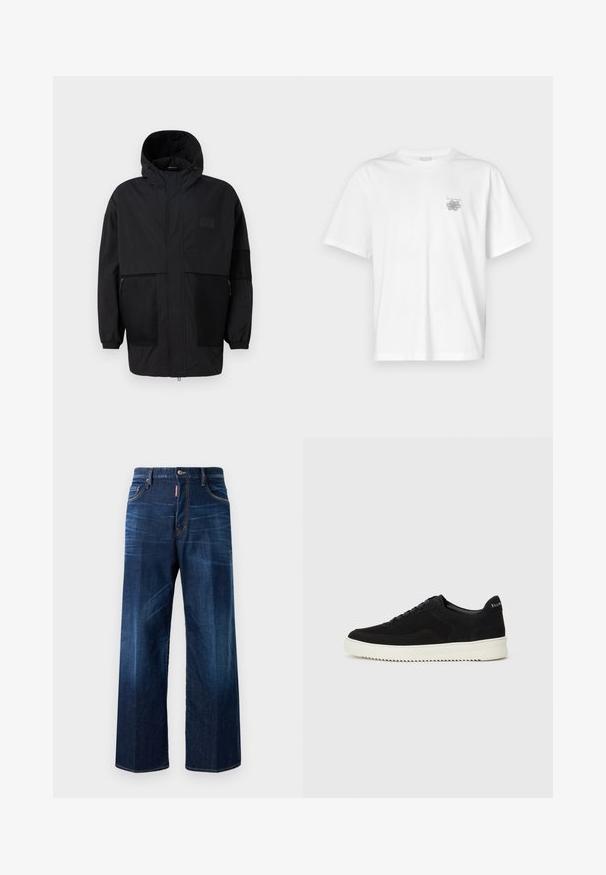 Black hooded jacket made from lightweight fabric, featuring mesh panels, a front zipper, and elastic cuffs for adjustable fit.; White t-shirt made of cotton featuring short sleeves, a crew neck, and a small gray logo on the left chest area. Smooth texture.; Dark blue denim jeans with a relaxed fit, wide legs, and subtle fading. Features stitched detailing and a branded tag on the waistband.; Black suede sneaker with lace-up design and contrasting white rubber sole. Features textured side panels and subtle branding on the heel.