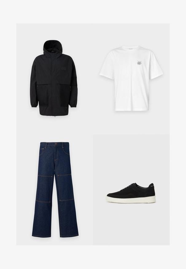 Musthave musta kapuutsiga jakk, mis on valmistatud kergest kangast, koos võrgupaneelide, ees oleva tõmbluku ja elastsete mansettidega kohandatava sobivuse jaoks.; Valge puuvillane T-särk lühikeste varrukatega, ümmarguse kaelusega ja väike hall logo vasakul rinnaosal. Sile tekstuur.; Tumedast sinise denimi laiad püksid, millel on kontrastsed oranžid õmblused, suurte plaastripocketitega igas jalas ning nööbiga sulgemine talje juures.; Mustad suede jooksujalatsid, millel on paelad ja kontrastne valge kummitald. Omab tekstuuriga külgpaneele ja tagasihoidlikku brändimist kandadel.
