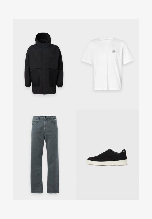 Svart hettejakke laget av lettvektig stoff, med mesh-paneler, en front glidelås og elastiske mansjetter for justerbar passform.; Hvit T-skjorte laget av bomull, med korte ermer, rund hals og en liten grå logo på venstre brystområde. Smooth tekstur.; Grå denimjeans med rett ben, fem lommer og kneppclosing. Har subtil søm og et klassisk, minimalistisk design.; Svart semsket sneakers med snøring og kontrasterende hvit gummisåle. Har teksturerte sidepaneler og subtil merkevare på hælen.