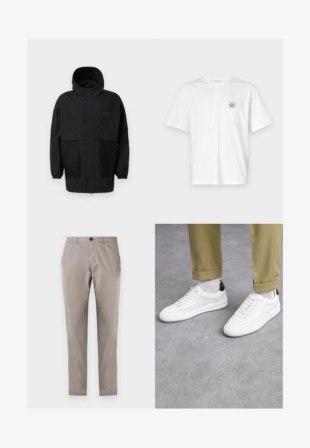 Černá kapucňová bunda vyrobená z lehké tkaniny, s síťovinovými panely, předním zipem a elastickými manžetami pro nastavitelné přizpůsobení.; Bílá bavlněná trička s krátkým rukávem, kulatým výstřihem a malým šedým logem na levé části hrudi. Hladká textura.; Šedé bavlněné kalhoty rovného střihu, s knoflíkovým zapínáním, předními kapsami a hladkou texturou. Žádné další detaily nebo vzory nejsou viditelné.; Bílé tenisky s texturovaným koženým povrchem, zaoblenou špičkou a černým akcentem na patě. Gumová podrážka s malým vzorem a šitými detaily.