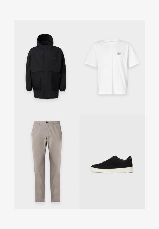 Giacca nera con cappuccio realizzata in tessuto leggero, con pannelli in rete, zip frontale e polsini elasticizzati per una vestibilità regolabile.; T-shirt bianca in cotone con maniche corte, colletto tondo e un piccolo logo grigio nella zona sinistra del petto. Texture liscia.; Pantaloni in cotone grigi con vestibilità dritta, dotati di chiusura a bottone, tasche anteriori e texture liscia. Nessun altro dettaglio o motivo visibile.; Sneaker in suede nero con design con lacci e suola in gomma bianca a contrasto. Presenta pannelli laterali testurizzati e un marchio discreto sul tallone.