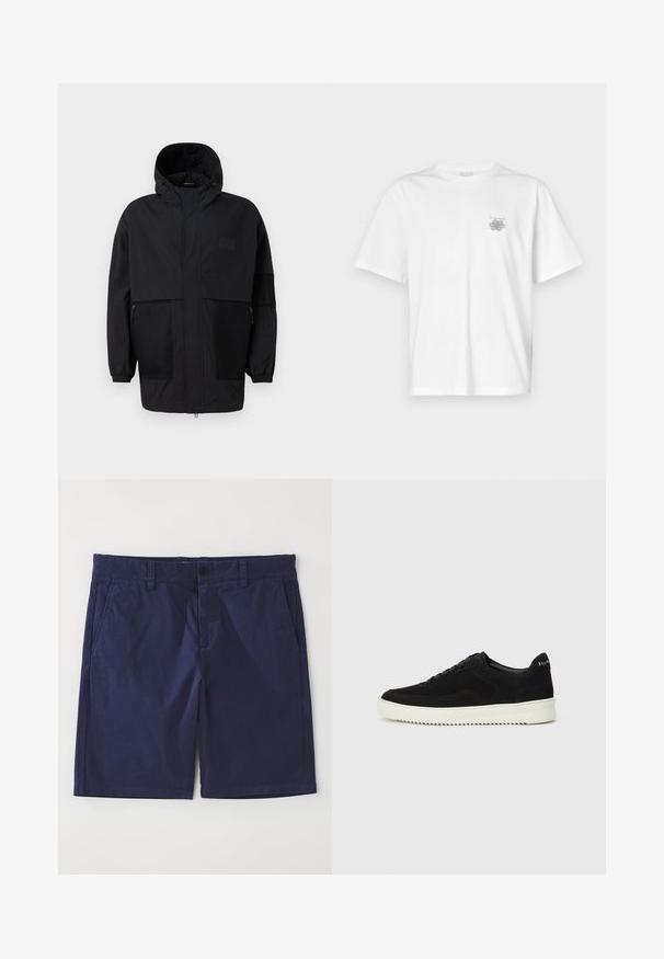 Black hooded jacket made from lightweight fabric, featuring mesh panels, a front zipper, and elastic cuffs for adjustable fit.; White t-shirt made of cotton featuring short sleeves, a crew neck, and a small gray logo on the left chest area. Smooth texture.; Navy blue cotton shorts with a straight cut, featuring belt loops, a front button closure, and two side pockets. Smooth texture.; Black suede sneaker with lace-up design and contrasting white rubber sole. Features textured side panels and subtle branding on the heel.