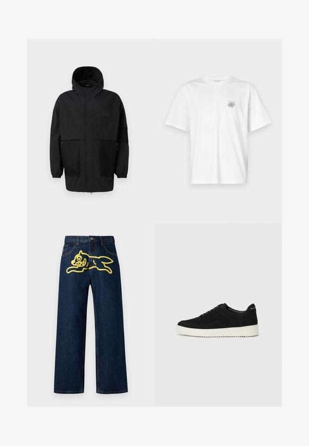 Svart hettejakke laget av lettvektig stoff, med mesh-paneler, en front glidelås og elastiske mansjetter for justerbar passform.; Hvit T-skjorte laget av bomull, med korte ermer, rund hals og en liten grå logo på venstre brystområde. Smooth tekstur.; Mørkeblå denimjeans med et stort gult grafikk av en bygende figur på baklommen. Rett ben-design med standard søm.; Svart semsket sneakers med snøring og kontrasterende hvit gummisåle. Har teksturerte sidepaneler og subtil merkevare på hælen.