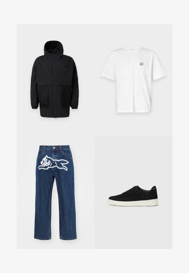 Fekete kapucnis dzseki, könnyű anyagból készült, hálós panelek, elülső cipzár és állítható illeszkedést biztosító rugalmas mandzsetták jellemzik.; Fehér pamut póló rövid ujjakkal, kerek nyakkal, és egy kis szürke logóval a bal mellrészen. Sima tapintású.; Sötétkék, bő szárú farmernadrág, nagy fehér rajzfilmszerű kutyával a hátsó zsebében. Farmer textúra, hagyományos öt zsebes dizájn.; Fekete velúr sportcipő fűzős dizájnnal és kontrasztos fehér gumitalppal. Jellemzői a textúrázott oldalpanelek és a diszkrét logó a sarokon.