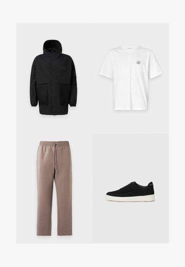 Czarna kurtka z kapturem, wykonana z lekkiego materiału, z siateczkowymi panelami, z zamek błyskawicznym z przodu oraz elastycznymi mankietami dla regulowanego dopasowania.; Biała koszulka z bawełny z krótkimi rękawami, okrągłym dekoltem i małym szarym logo po lewej stronie klatki piersiowej. Gładka tekstura.; Brązowe, średniej wysokości dresy wykonane z miękkiego materiału, z elastycznym pasem z sznurkiem, kieszeniami po bokach i prostymi nogawkami.; Czarne zamszowe sneakersy z designem na sznurówki i kontrastującą białą gumową podeszwą. Posiadają teksturowane boczne panele oraz subtelne logo na pięcie.