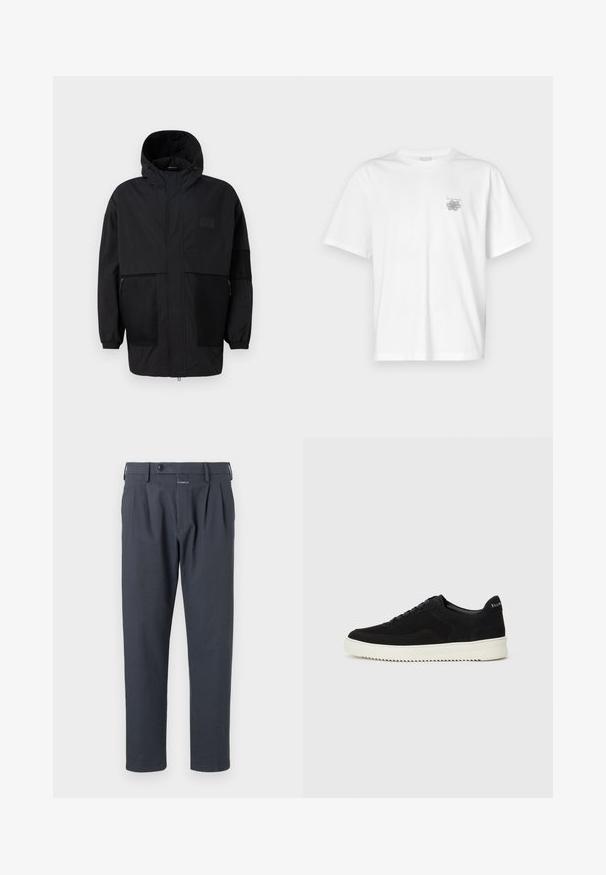Čierna kapucňová bunda vyrobená z ľahkého materiálu, s priehľadnými panelmi, predným zipsom a elastickými manžetami pre nastaviteľné prispôsobenie.; Biela tričko vyrobené z bavlny, s krátkymi rukávmi, okrúhlym výstrihom a malým šedým logom na oblasti ľavej hrude. Hladká textúra.; Tmavošedé nohavice so strihom rovného nohu, so záhybmi vpredu a zapínaním na gombík, vyrobené z hladkej, ľahkej tkaniny.; Čierne semišové tenisky s šnurovacím dizajnom a kontrastnou bielou gumovou podrážkou. Obsahujú štruktúrované bočné panely a jemné logo na päte.