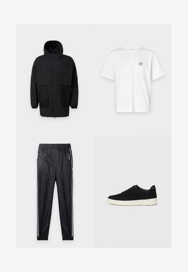 Svart hettejakke laget av lettvektig stoff, med mesh-paneler, en front glidelås og elastiske mansjetter for justerbar passform.; Hvit T-skjorte laget av bomull, med korte ermer, rund hals og en liten grå logo på venstre brystområde. Smooth tekstur.; Sorte treningbukser med glinsende overflate, med et subtilt logo-mønster, elastisk midjebånd, og sidelommer med glidelås med hvite detaljer.; Svart semsket sneakers med snøring og kontrasterende hvit gummisåle. Har teksturerte sidepaneler og subtil merkevare på hælen.