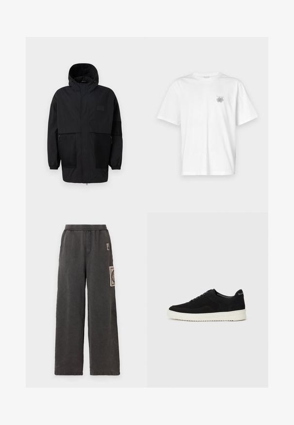 Jachetă neagră cu glugă, realizată dintr-un material ușor, având panouri din plasă, fermoar frontal și manșete elastice pentru o ajustare confortabilă.; Tricou alb din bumbac, cu mâneci scurte, guler rotund și un mic logo gri în zona stângă a pieptului. Textură netedă.; Pantaloni cu picioare largi dintr-un material gri închis, având o patch decorativă pe buzunarul din față și un talie elastică pentru confort.; Adidași negri din suede cu design cu șireturi și talpă din cauciuc alb contrastant. Prezintă panouri laterale texturate și branding subtil pe toc.