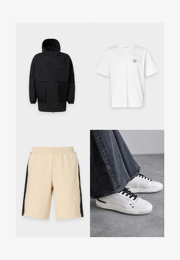 Juodas gobtuvu džemperis, pagamintas iš lengvo audinio, turi tinklinės juosteles, priekinį užtrauktuką ir elastingus rankogalius, leidžiančius pritaikyti dydį.; Balta medvilninė marškinėlių, su trumpomis rankovėmis, apykaklė nei per aukšta, nei per žema, ir mažas pilkas logotipas kairėje krūtinės pusėje. Lygi tekstūra.; Beige šortai pagaminti iš minkštos medžiagos su juodais tinkliniais šonais. Elastingas juosmuo ir tiesios kojų kirpimo linijos. Švelni tekstūra ir minimalus dizainas.; Balsuoti baltieji sportbačiai su juodomis raištelėmis ir tinklo detalėmis. Turintys lygią odinę viršutinę dalį ir tekstūruotą gumos padą. Su plačiais pilkais džinsais.
