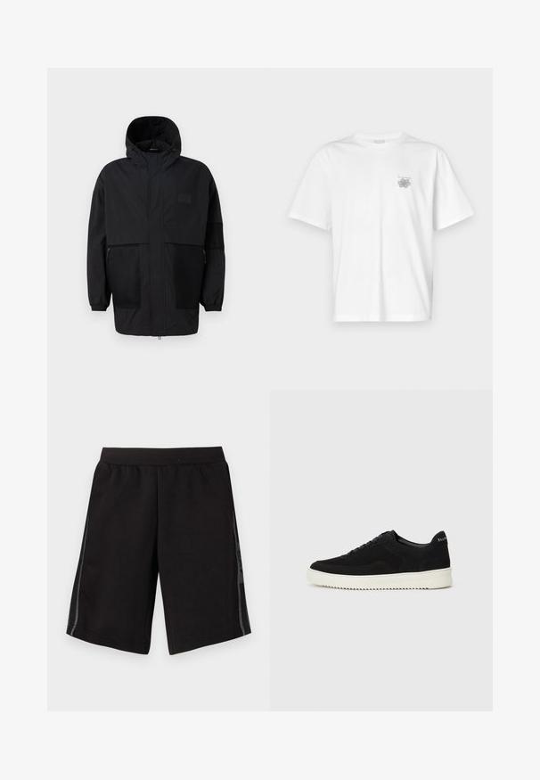 Black hooded jacket made from lightweight fabric, featuring mesh panels, a front zipper, and elastic cuffs for adjustable fit.; White t-shirt made of cotton featuring short sleeves, a crew neck, and a small gray logo on the left chest area. Smooth texture.; Black athletic shorts with an elastic waistband, featuring side mesh panels and a logo on the left leg. Smooth fabric texture.; Black suede sneaker with lace-up design and contrasting white rubber sole. Features textured side panels and subtle branding on the heel.