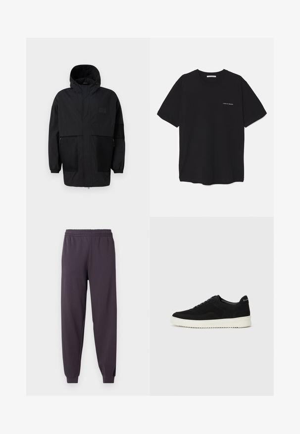 Black hooded jacket made from lightweight fabric, featuring mesh panels, a front zipper, and elastic cuffs for adjustable fit.; Black cotton T-shirt with a crew neck, short sleeves, and a white logo print on the left chest. Simple, solid color design.; Dark gray jogger pants with an elastic waistband, tapered cuffs, smooth texture, and no visible pockets or embellishments.; Black suede sneaker with lace-up design and contrasting white rubber sole. Features textured side panels and subtle branding on the heel.