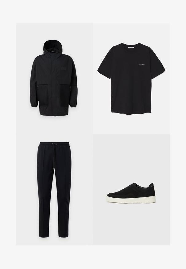 Svart hettejakke laget av lettvektig stoff, med mesh-paneler, en front glidelås og elastiske mansjetter for justerbar passform.; Svart bomull T-skjorte med rund hals, korte ermer, og hvit logo trykk på venstre bryst. Enkel, ensfarget design.; Sorte joggebukser laget av mykt, elastisk materiale. Har elastisk linning med snor og innsnevrede ben. Ingen synlige mønstre.; Svart semsket sneakers med snøring og kontrasterende hvit gummisåle. Har teksturerte sidepaneler og subtil merkevare på hælen.