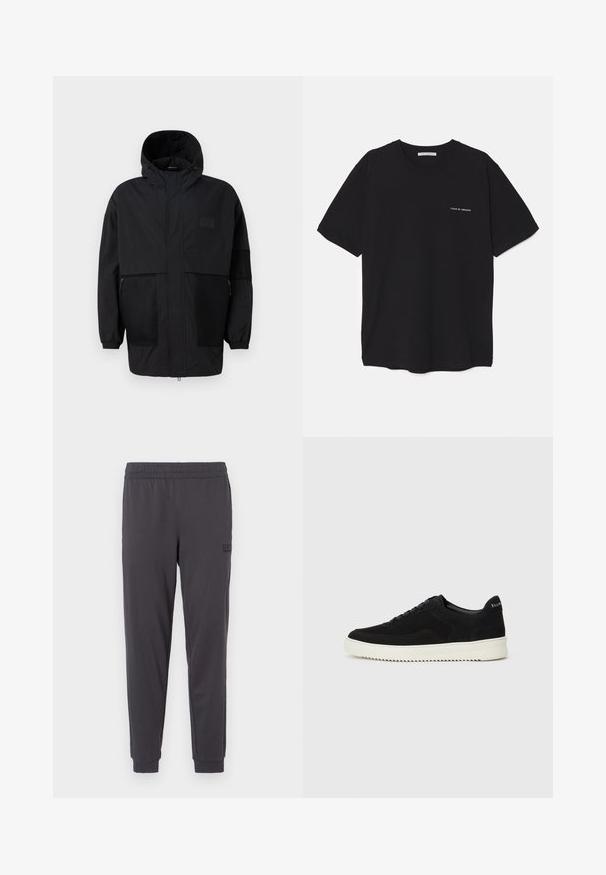Crna kapuljača od laganog materijala, s mrežastim panelima, prednjim zatvaračem i elastičnim manžetama za prilagodljivu veličinu.; Crna pamučna majica s okruglim izrezom, kratkim rukavima i bijelim logotipom otisnutim na lijevoj strani prsnog koša. Jednostavan dizajn u jednoj boji.; Tamno sive jogger hlače od mekog materijala, s elastičnom pojasom i rebrastim manžetama. Suptilni brendirani detalj na lijevoj nozi.; Crne nubuk tenisice s vezanjem i kontrastnom bijelom gumenom potplatom. Imaju teksturirane bočne panele i suptilno brendiranje na peti.
