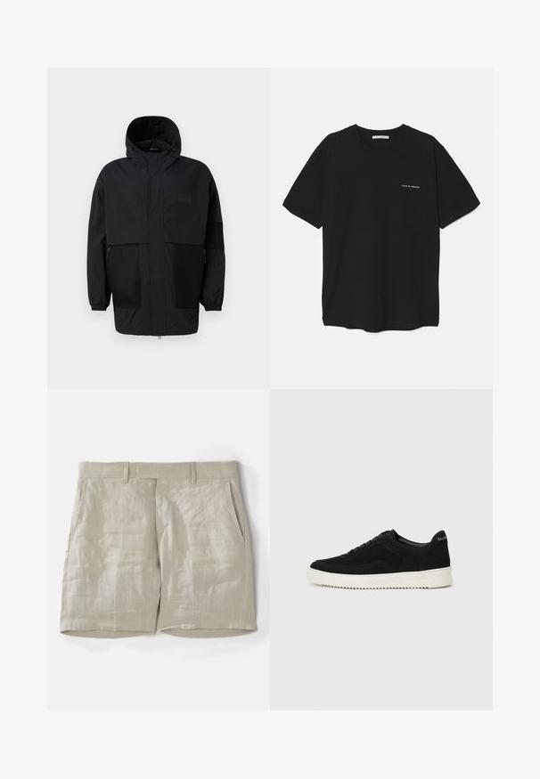 Svart hettejakke laget av lettvektig stoff, med mesh-paneler, en front glidelås og elastiske mansjetter for justerbar passform.; Svart bomull T-skjorte med rund hals, korte ermer, og hvit logo trykk på venstre bryst. Enkel, ensfarget design.; Beige linshorts med en glat tekstur, som har to sidelommer, en talje med bæltestropper og et lige ben-design.; Svart semsket sneakers med snøring og kontrasterende hvit gummisåle. Har teksturerte sidepaneler og subtil merkevare på hælen.