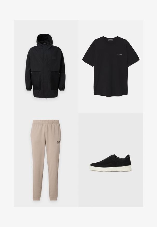 Crna kapuljača od laganog materijala, s mrežastim panelima, prednjim zatvaračem i elastičnim manžetama za prilagodljivu veličinu.; Crna pamučna majica s okruglim izrezom, kratkim rukavima i bijelim logotipom otisnutim na lijevoj strani prsnog koša. Jednostavan dizajn u jednoj boji.; Bež joggeri s taperiranim krojem, elastičnim pojasom, manžetama na gležnjevima i malim crnim EA7 logotipom na lijevoj strani. Meki tekstil.; Crne nubuk tenisice s vezanjem i kontrastnom bijelom gumenom potplatom. Imaju teksturirane bočne panele i suptilno brendiranje na peti.