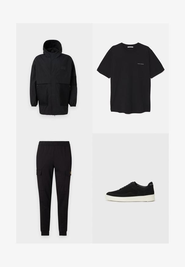 Crna kapuljača od laganog materijala, s mrežastim panelima, prednjim zatvaračem i elastičnim manžetama za prilagodljivu veličinu.; Crna pamučna majica s okruglim izrezom, kratkim rukavima i bijelim logotipom otisnutim na lijevoj strani prsnog koša. Jednostavan dizajn u jednoj boji.; Crne trenirke izrađene od mekog materijala, s dizajnom suženih nogavica i dva bočna džepa za teret s suptilnim logotipom na jednom džepu.; Crne nubuk tenisice s vezanjem i kontrastnom bijelom gumenom potplatom. Imaju teksturirane bočne panele i suptilno brendiranje na peti.