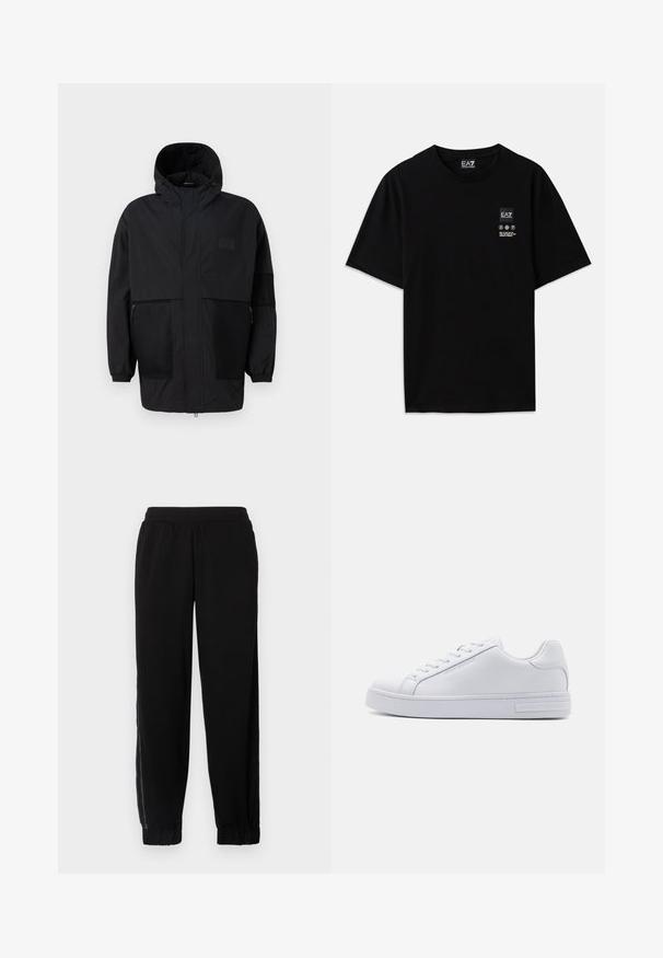 Fekete kapucnis dzseki, könnyű anyagból készült, hálós panelek, elülső cipzár és állítható illeszkedést biztosító rugalmas mandzsetták jellemzik.; Fekete pamut póló rövid ujjal, kerek nyakkivágással, az elején egy kis logócímkével, amely fehér színű ápolási szimbólumokat tartalmaz.; Fekete sportos jogger nadrág puha anyagból, elasztikus derékpánttal, felhúzott szárakkal és oldalsó hálós panelek kialakítással a fokozott szellőzés érdekében.; Fehér bőr sportcipő sima felülettel, kerek orral, fűzős elejével és lapos gumitalppal. A sarkán domború márkázás található.