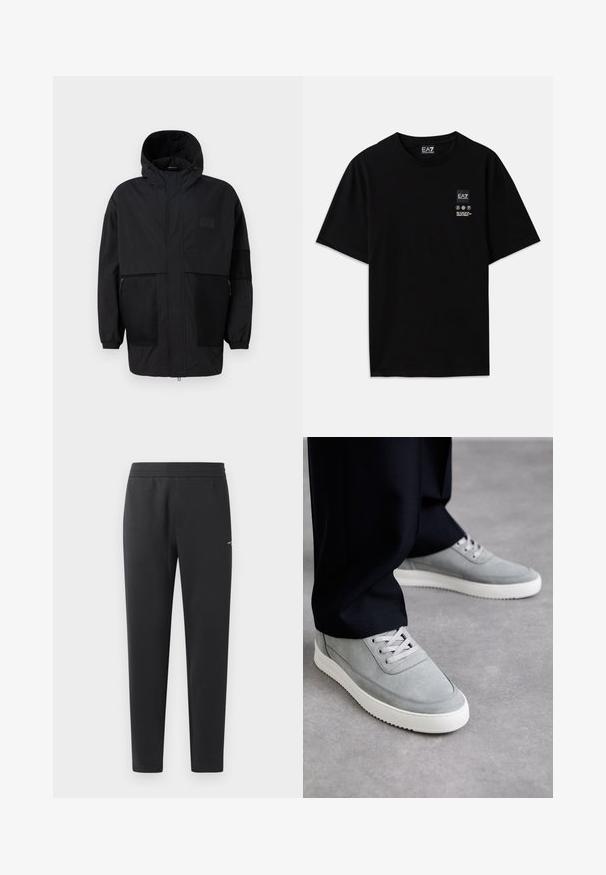 Fekete kapucnis dzseki, könnyű anyagból készült, hálós panelek, elülső cipzár és állítható illeszkedést biztosító rugalmas mandzsetták jellemzik.; Fekete pamut póló rövid ujjal, kerek nyakkivágással, az elején egy kis logócímkével, amely fehér színű ápolási szimbólumokat tartalmaz.; Fekete sportnadrág puha anyagból, rugalmas derékpánttal, egyenes szárakkal és egy kis logó részlettel az oldalán.; Szürke velúr tornacipők fehér gumitalppal, fűzős kialakítással, lekerekített orral és diszkrét varrási részletekkel, fekete nadrággal viselve.