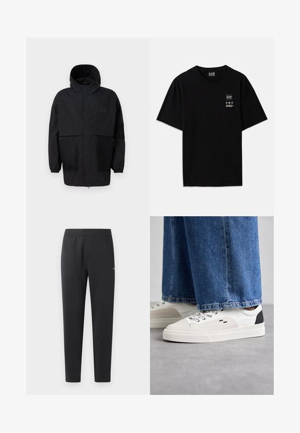 Svart hettejakke laget av lettvektig stoff, med mesh-paneler, en front glidelås og elastiske mansjetter for justerbar passform.; Svart bomulls t-skjorte med kort erm, rund hals og et lite logo-merke foran med pleiesymboler i hvitt.; Sorte joggebukser laget av myk stoff, med elastisk midjebånd, rette ben og en liten logo detalj på siden.; Hvite og svarte joggesko med en glatt læroverdel, teksturerte detaljer og en kraftig hvit såle. Har en klassisk snøring.