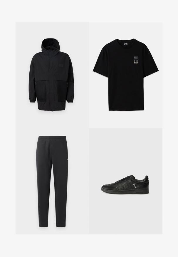 Casaco preto com capuz, feito de um tecido leve, apresentando painéis de malha, um fecho éclair frontal e punhos elásticos para um ajuste ajustável.; T-shirt de algodão preto com mangas curtas, decote redondo e uma pequena etiqueta com logótipo na parte da frente, apresentando símbolos de cuidado em branco.; Calças de treino pretas feitas de tecido suave, com um cós elástico, pernas retas e um pequeno detalhe de logotipo de um lado.; Sapatilha preta feita de couro texturizado, com sola plana, atacadores na frente e riscas laterais com o logótipo "DEAN" em branco.