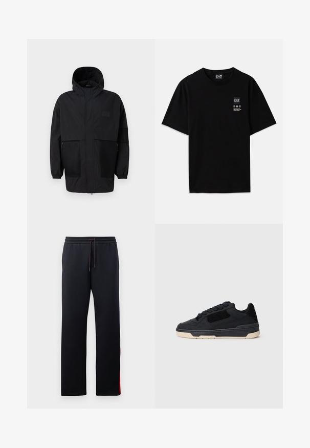 Μαύρο φούτερ τζάκετ από ελαφρύ ύφασμα, με πλέγμα, μπροστινό φερμουάρ και ελαστικούς καρπούς για ρυθμιζόμενη εφαρμογή.; Μαύρη βαμβακερή μπλούζα με κοντά μανίκια, στρογγυλή λαιμόκοψη και μια μικρή ετικέτα λογότυπου στο μπροστινό μέρος που περιέχει λογότυπα φροντίδας σε λευκό χρώμα.; Μαύρες φόρμες με λάστιχο στο μέσο, στενές γραμμές και κόκκινες ρίγες στα πλάγια. Μαλακό, ελαστικό ύφασμα με λεία υφή.; Μαύρο χαμηλό αθλητικό παπούτσι με παχύ μπεζ σόλα, πάνελ από σουέτ και δέρμα, και στρογγυλά μαύρα κορδόνια, εμφανιζόμενο σε προφίλ από την αριστερή πλευρά.
