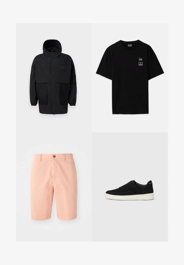 Μαύρο φούτερ τζάκετ από ελαφρύ ύφασμα, με πλέγμα, μπροστινό φερμουάρ και ελαστικούς καρπούς για ρυθμιζόμενη εφαρμογή.; Μαύρη βαμβακερή μπλούζα με κοντά μανίκια, στρογγυλή λαιμόκοψη και μια μικρή ετικέτα λογότυπου στο μπροστινό μέρος που περιέχει λογότυπα φροντίδας σε λευκό χρώμα.; Ροζ σορτς από ελαφρύ ύφασμα, με κλασικό σχέδιο, μπροστινό κούμπωμα και πλαϊνές τσέπες.; Μαύρο σουέτ αθλητικό παπούτσι με σχέδιο κορδονιών και λευκή λαστιχένια σόλα σε αντίθεση. Διαθέτει υφαντές πλαϊνές πάνελ και διακριτική σήμανση στην φτέρνα.