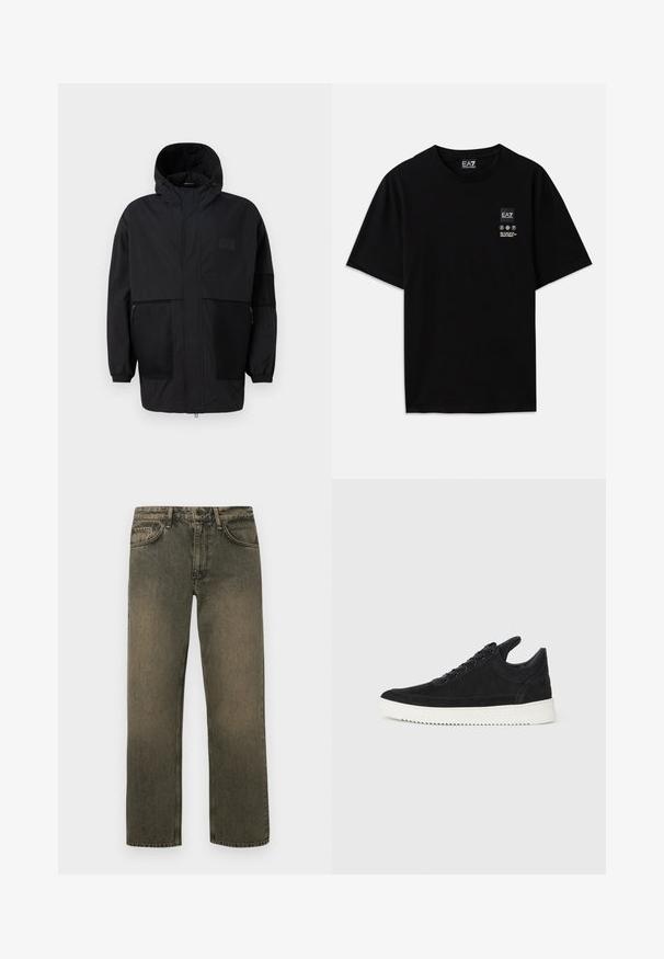 Veste à capuche noire en tissu léger, dotée de panneaux en mesh, d'une fermeture éclair à l'avant et de poignets élastiques pour un ajustement réglable.; T-shirt en coton noir à manches courtes, col rond, avec une petite étiquette logo à l'avant comportant des symboles d'entretien en blanc.; Jeans décontractés vert brun avec une coupe droite, dotés de cinq poches, d'une fermeture à bouton et à glissière, et d'une texture décolorée.; Baskets en daim noir avec une semelle en caoutchouc blanc, présentant des coutures tonales et un design lacé. Texture lisse avec une forme moderne et épurée.