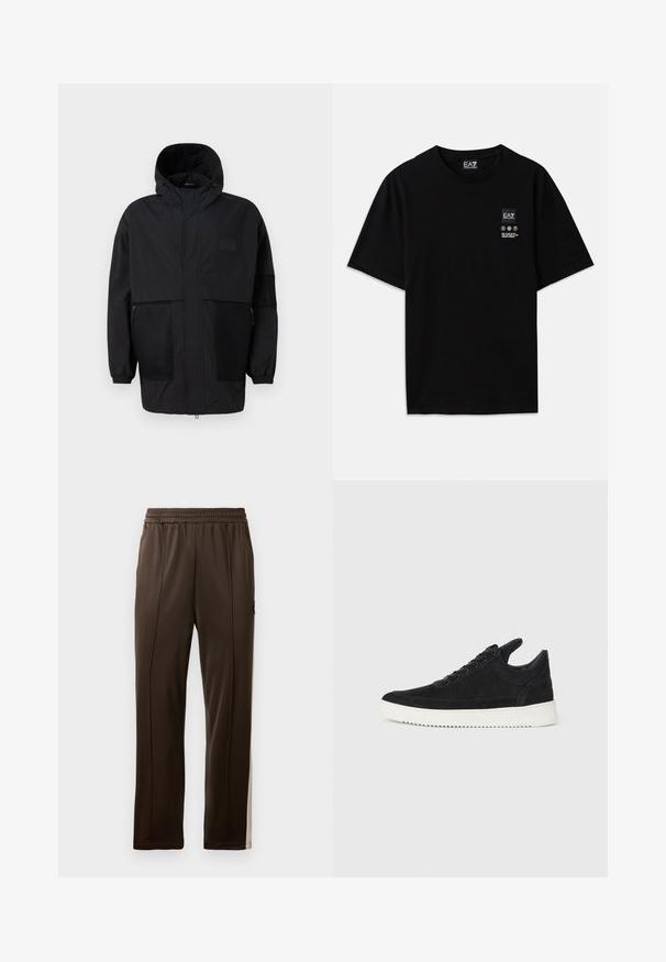 Zwarte capuchonjas gemaakt van lichtgewicht stof, met meshpanelen, een voorrits en elastische manchetten voor een verstelbare pasvorm.; Zwarte katoenen T-shirt met korte mouwen, een ronde hals en een klein logotag aan de voorkant met zorgsymbolen in het wit.; Bruine sportbroek met een elastische tailleband, zijstrepen in een lichtere tint en een zak met een klein logoaccent. Gladde structuur.; Zwarte suède sneakers met een witte rubberen zool, voorzien van tonale stiksels en een vetersluiting. Glad oppervlak met een moderne, gestroomlijnde vorm.