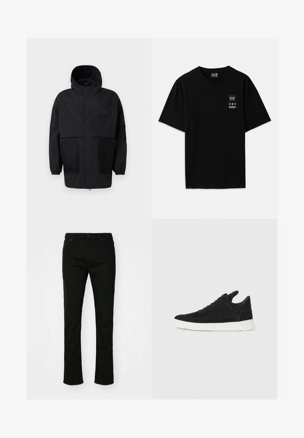 Czarna kurtka z kapturem, wykonana z lekkiego materiału, z siateczkowymi panelami, z zamek błyskawicznym z przodu oraz elastycznymi mankietami dla regulowanego dopasowania.; Czarna bawełniana koszulka z krótkim rękawem, okrągłym dekoltem i małą metką z logo z przodu z białymi symbolami pielęgnacyjnymi.; Czarne dżinsy o prostym kroju nogawki, z pięcioma kieszeniami i zapięciem na guzik. Gładka tekstura z delikatnymi detalami przeszyć.; Czarne zamszowe sneakersy z białą gumową podeszwą, z tonalnym przeszyciem i sznurowanym zapięciem. Gładka tekstura, nowoczesny, smukły kształt.
