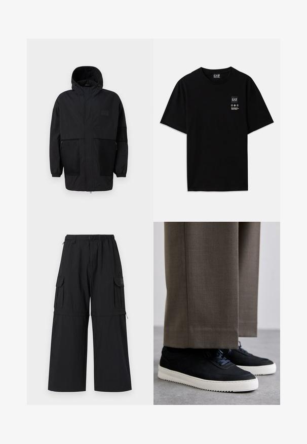 Melnā kapučjaka, kas izgatavota no viegla auduma, ar acs paneļiem, priekšējo rāvējslēdzēju un elastīgām aprocēm, kas nodrošina regulējamu piegulšanu.; Melnas kokvilnas T-krekls ar īsām piedurknēm, apaļo kakla izgriezumu un nelielu logotipa birku priekšpusē ar baltiem apzīmējumiem par kopšanu.; Melnas kravas bikses ar platām kājām, elastīgu jostasvietu un vairākām sānu kabatām. Izgatavotas no viegla auduma ar gludu tekstūru.; Melni zamšaini sporta apavi ar baltām gumijas zolēm, ar noapaļotu purngalu un auklām, valkāti ar pelēkiem piegrieztiem biksēm.