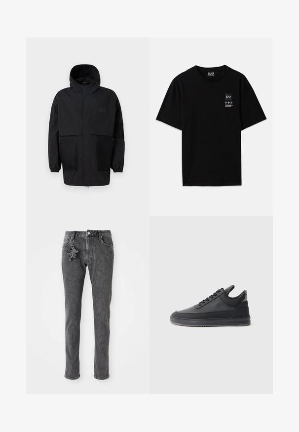 Fekete kapucnis dzseki, könnyű anyagból készült, hálós panelek, elülső cipzár és állítható illeszkedést biztosító rugalmas mandzsetták jellemzik.; Fekete pamut póló rövid ujjal, kerek nyakkivágással, az elején egy kis logócímkével, amely fehér színű ápolási szimbólumokat tartalmaz.; Fekete farmernadrág slim fit szabással, elöl gombos záródással, öt zsebbel, és egy kis kulcstartó részlettel a bal zsebben.; Fekete bőr sportcipő, textúrázott felülettel, fűzős dizájnnal, alacsony szárú kivitelben, szürke gumi talppal, mely bordázott peremmel rendelkezik.