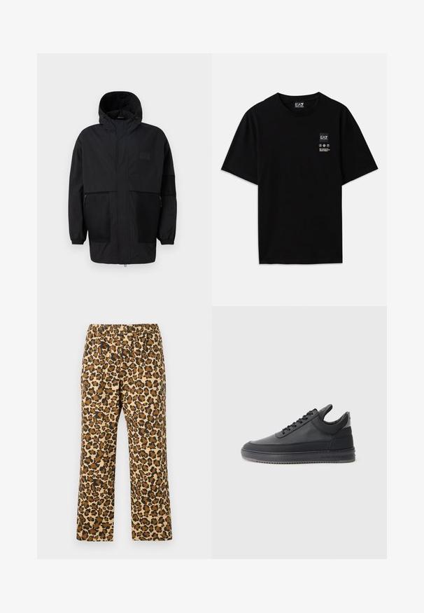 Schwarze Kapuzenjacke aus leichtem Stoff, mit Netzpaneelen, einem Frontreißverschluss und elastischen Bündchen für eine verstellbare Passform.; Schwarzes Baumwoll-T-Shirt mit kurzen Ärmeln, Rundhalsausschnitt und einem kleinen Logo-Tag auf der Vorderseite, das Pflegezeichen in Weiß zeigt.; Leopardenmuster-Hose in Beige, Braun und Schwarz. Mit elastischem Bund und lockerer, gerader Passform. Leichter Stoff.; Schwarze Leder-Sneaker mit strukturierter Oberfläche, Schnürdesign, niedrigem Schaft und grauler Gummisohle mit geriffeltem Rand.