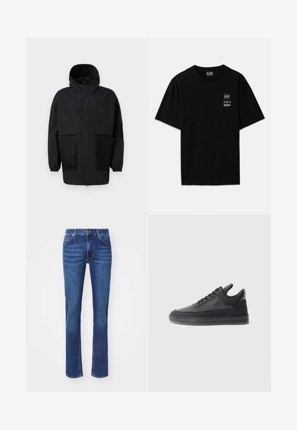 Černá kapucňová bunda vyrobená z lehké tkaniny, s síťovinovými panely, předním zipem a elastickými manžetami pro nastavitelné přizpůsobení.; Černé bavlněné tričko s krátkými rukávy, kulatým výstřihem a malou etiketu s logem na přední straně, která obsahuje bílé symboly péče.; Tmavě modré džíny s rovnými nohavicemi, s jemným vyblednutím, pěti kapsami a knoflíkovým zapínáním. Neutrální švy jako akcent.; Černé kožené tenisky s texturovaným povrchem, šněrovacím designem, nízkým střihem a šedou gumovou podrážkou s drážkovaným okrajem.