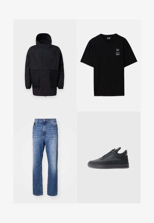 Svart hettejakke laget av lettvektig stoff, med mesh-paneler, en front glidelås og elastiske mansjetter for justerbar passform.; Svart bomulls t-skjorte med kort erm, rund hals og et lite logo-merke foran med pleiesymboler i hvitt.; Blå denimjeans med en rett ben design. Har knapp- og glidelås-lukking, fem lommer og en falmet vask for tekstur.; svarte lær sneakers med en teksturert overflate, snøring, lav topp, og en grå gummi såle med en ribbet kant.