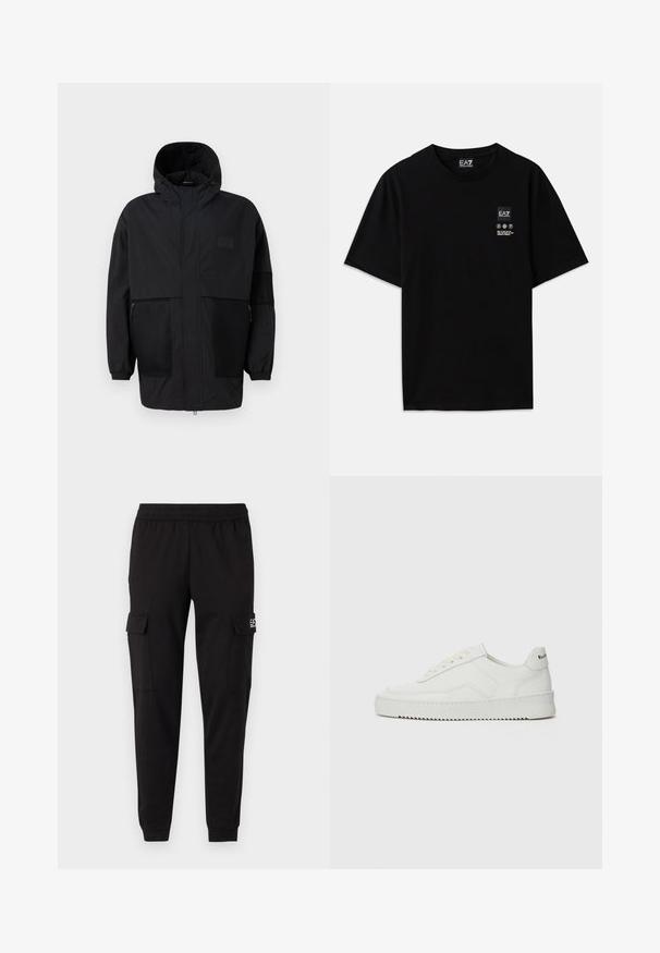 Juodas gobtuvu džemperis, pagamintas iš lengvo audinio, turi tinklinės juosteles, priekinį užtrauktuką ir elastingus rankogalius, leidžiančius pritaikyti dydį.; Juoda medvilnė t-shirt su trumpomis rankovėmis, apvalia iškirpte ir maža logotipo etiketė priekyje su baltomis priežiūros simbolių pictogramomis.; Juodi cargo džinsai su elastine juosta, dviem šoninėmis kišenėmis ir logotipo detale kairėje pusėje. Lygi tekstūra, siaurėjanti ties kulkšnimi.; Balti odiniai sportiniai bateliai su lygia apdaila, apvaliu pirštu, plokščiais raišteliais ir tekstūruotu padu. Pasižymi subtiliu logotipu ant kulno.