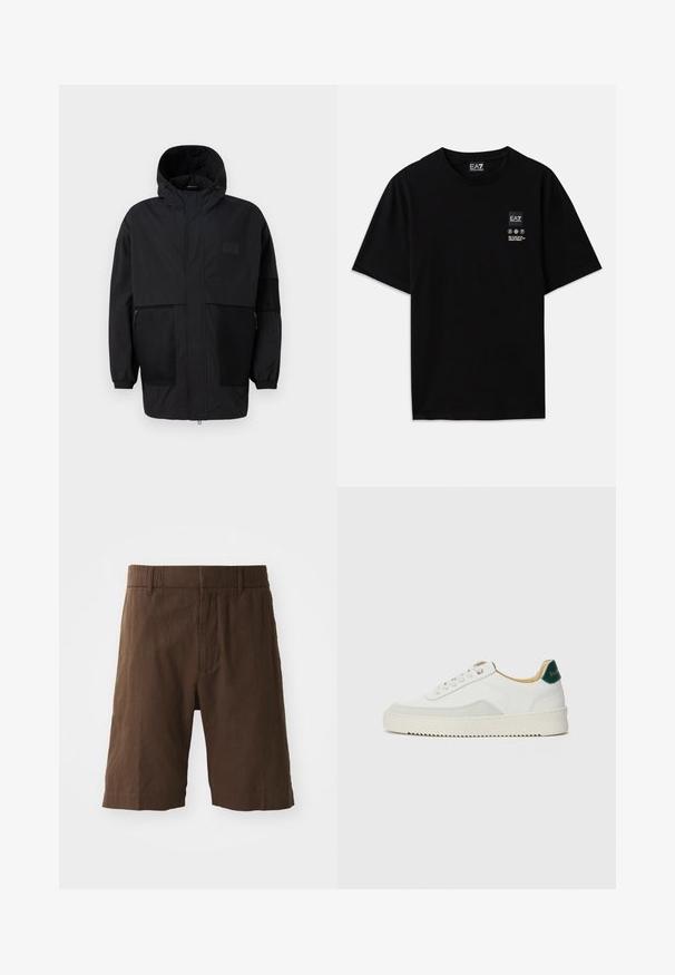 Black hooded jacket made from lightweight fabric, featuring mesh panels, a front zipper, and elastic cuffs for adjustable fit.; Black cotton t-shirt with short sleeves, a crew neck, and a small logo tag on the front featuring care symbols in white.; Brown linen shorts featuring a relaxed fit, elastic waistband, and straight legs. Smooth texture with a simple, clean design.; White sneaker with suede accents, rounded toe, flat laces, and a cream rubber sole. Features green branding on the heel.