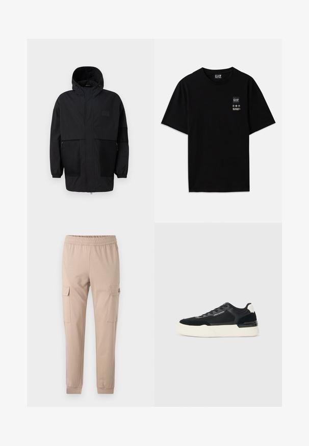 Svart hettejakke laget av lettvektig stoff, med mesh-paneler, en front glidelås og elastiske mansjetter for justerbar passform.; Svart bomulls t-skjorte med kort erm, rund hals og et lite logo-merke foran med pleiesymboler i hvitt.; Beige cargo bukser med elastisk talje, to sidelommer og ribbede manchetter. Lavet af et blødt, let materiale.; Svart sneaker laget av mesh og lær, med en tykk hvit såle og kontrasterende detaljer. Lissene og logoen er detaljer på siden.